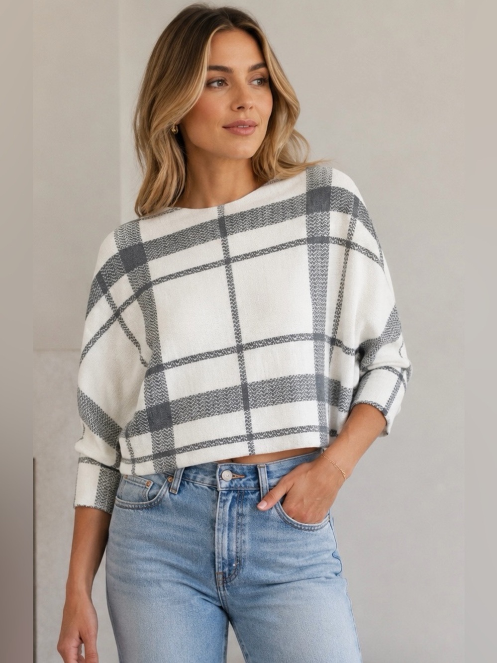 Madewell Free People Style Plaid Cropped Boatneck Sweater White Gray Women’s S